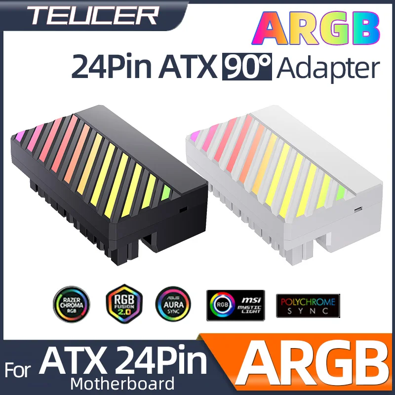 Teucer ATX 24 핀 마더보드 전원 공급 장치, ARGB 케이블 커넥터 플러그 어댑터, 데스크탑 PC용 DIY 장착 액세서리, 90 도 