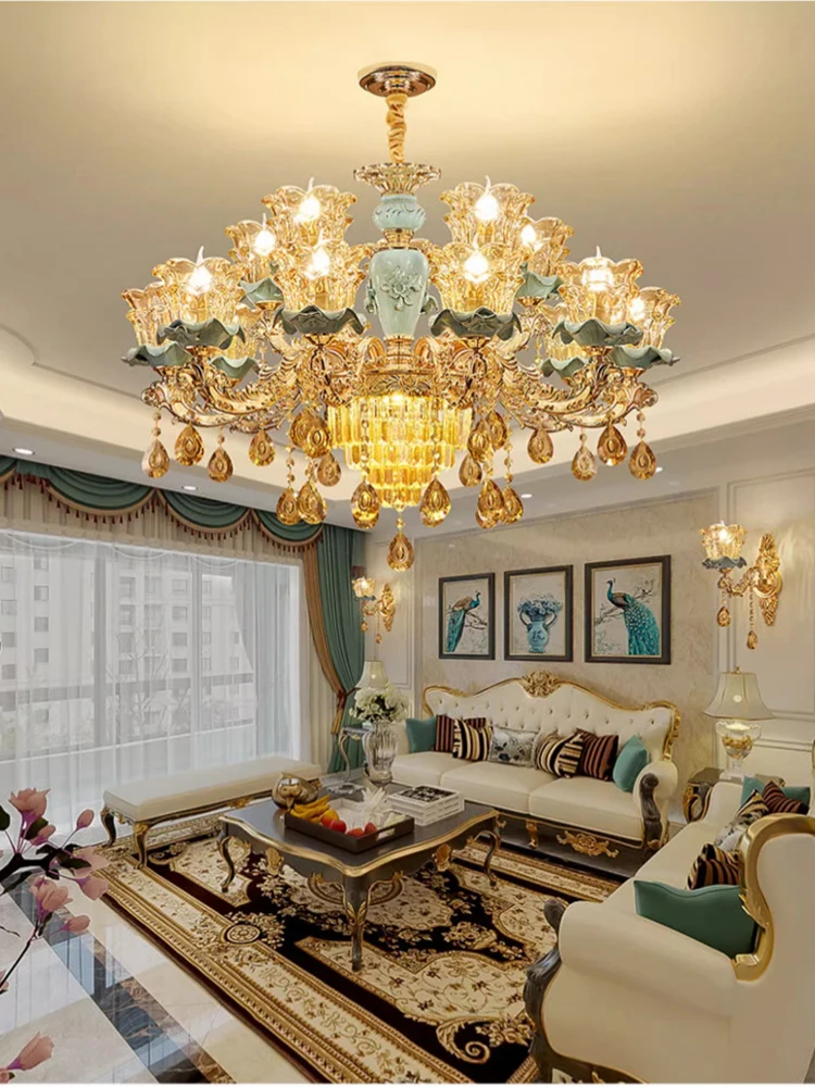 E14 Style européen en céramique rétro lustre en cristal atmosphérique pour salon chambre modèle chambre Villa Duplex lustre de sol