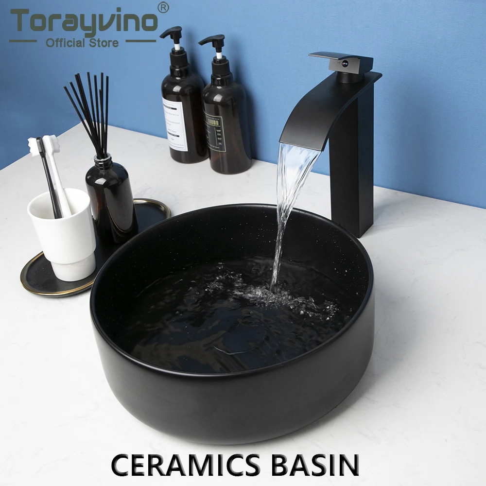 

Torayvino Matte Black Bathroom Sink Ceramic Round Basin Faucet Set Counter Top Washroom Vessel Vanity Lavabo Mixer Water Tap Kit