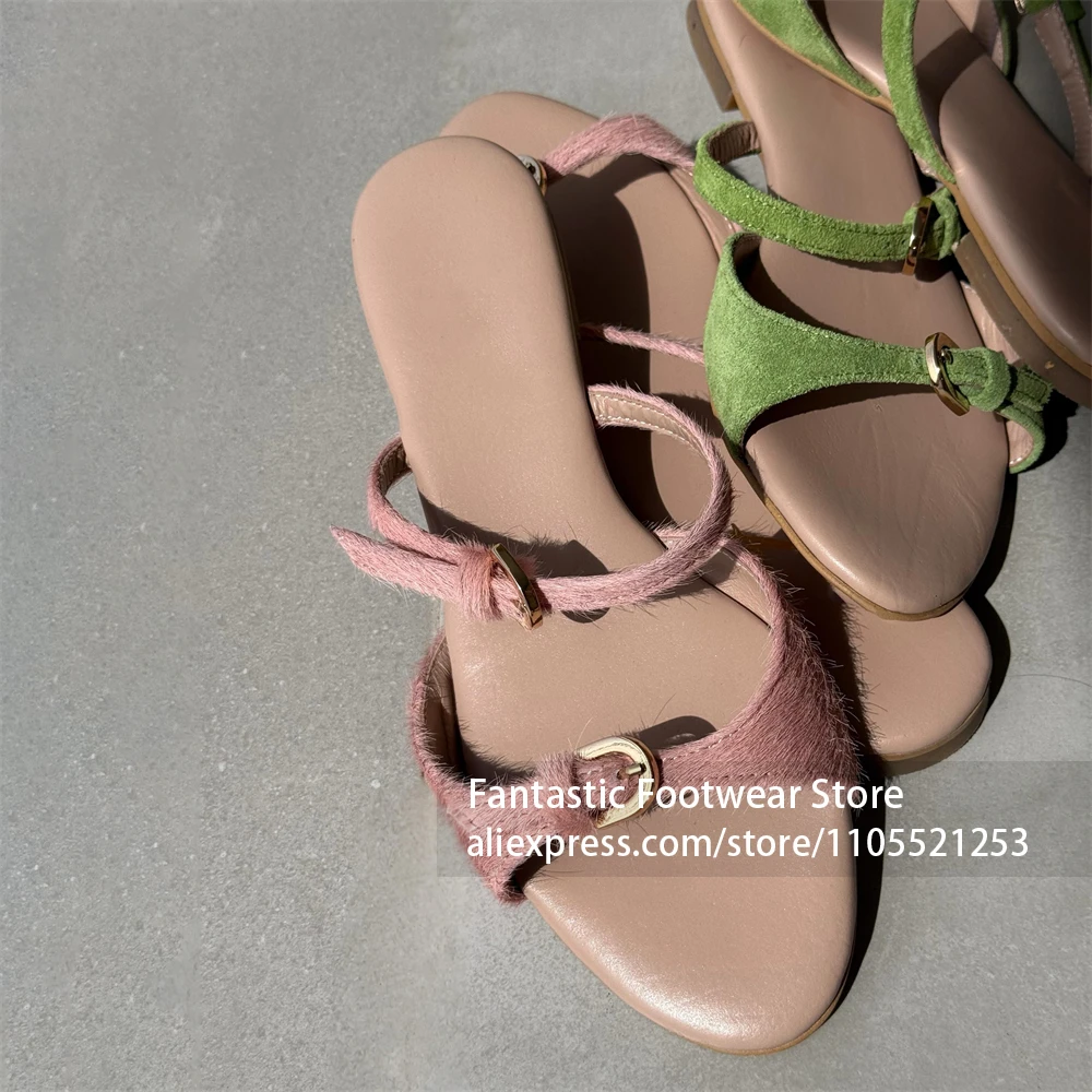 Fashion Green Suede Flat Sandals Adjustable Double Buckle Straps Open Toe Comfortable Casual Summer Beach Shoes for Outdoor Wear