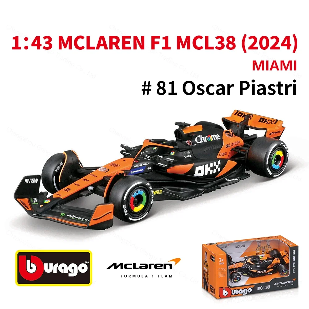 Bburago 1:43 2024 Mclaren MCL38 Miami Monaco F1 Fórmula Carro Die Cast Veículos Modelo Colecionável Brinquedos de Corrida