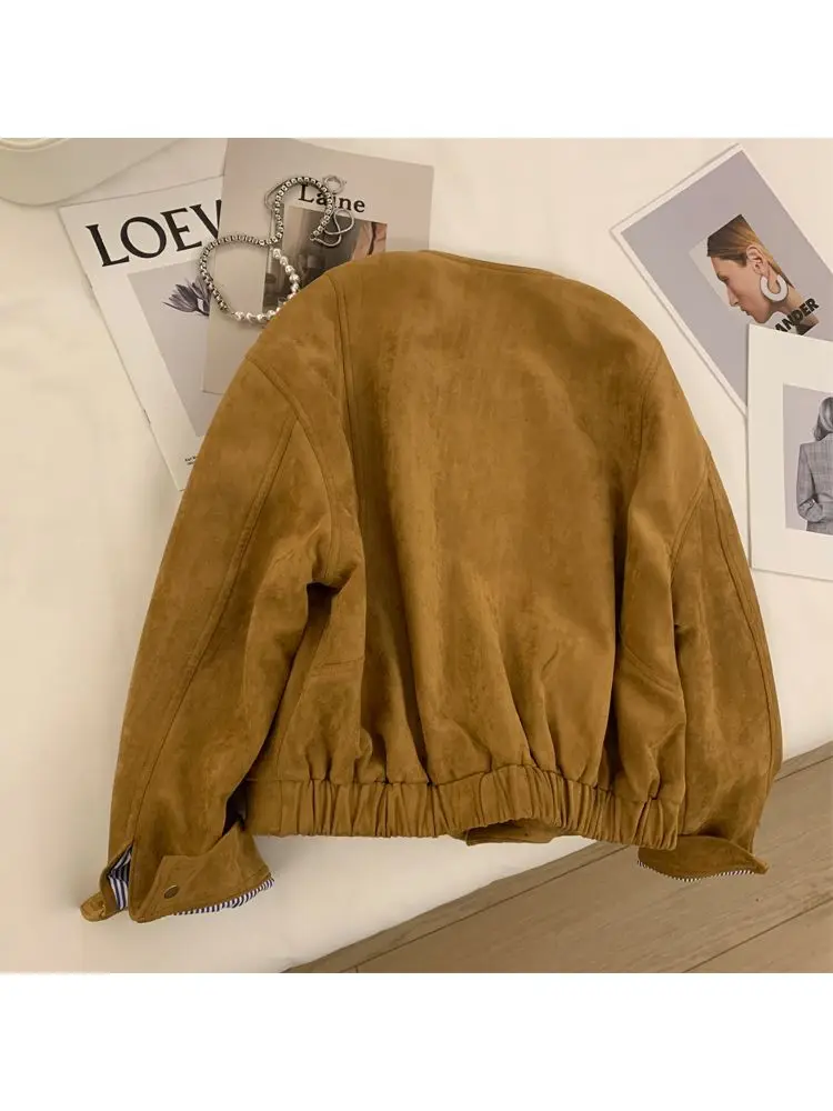 Suede Short Jacket Women Korean Camel Fashion Long Sleeve Flight Suit Harajuku Single Breasted Loose Tops Female Vintage Coats