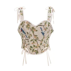 Summer Fashion Floral Lace-up Vintage French Front Lace Up Corset Crop Top