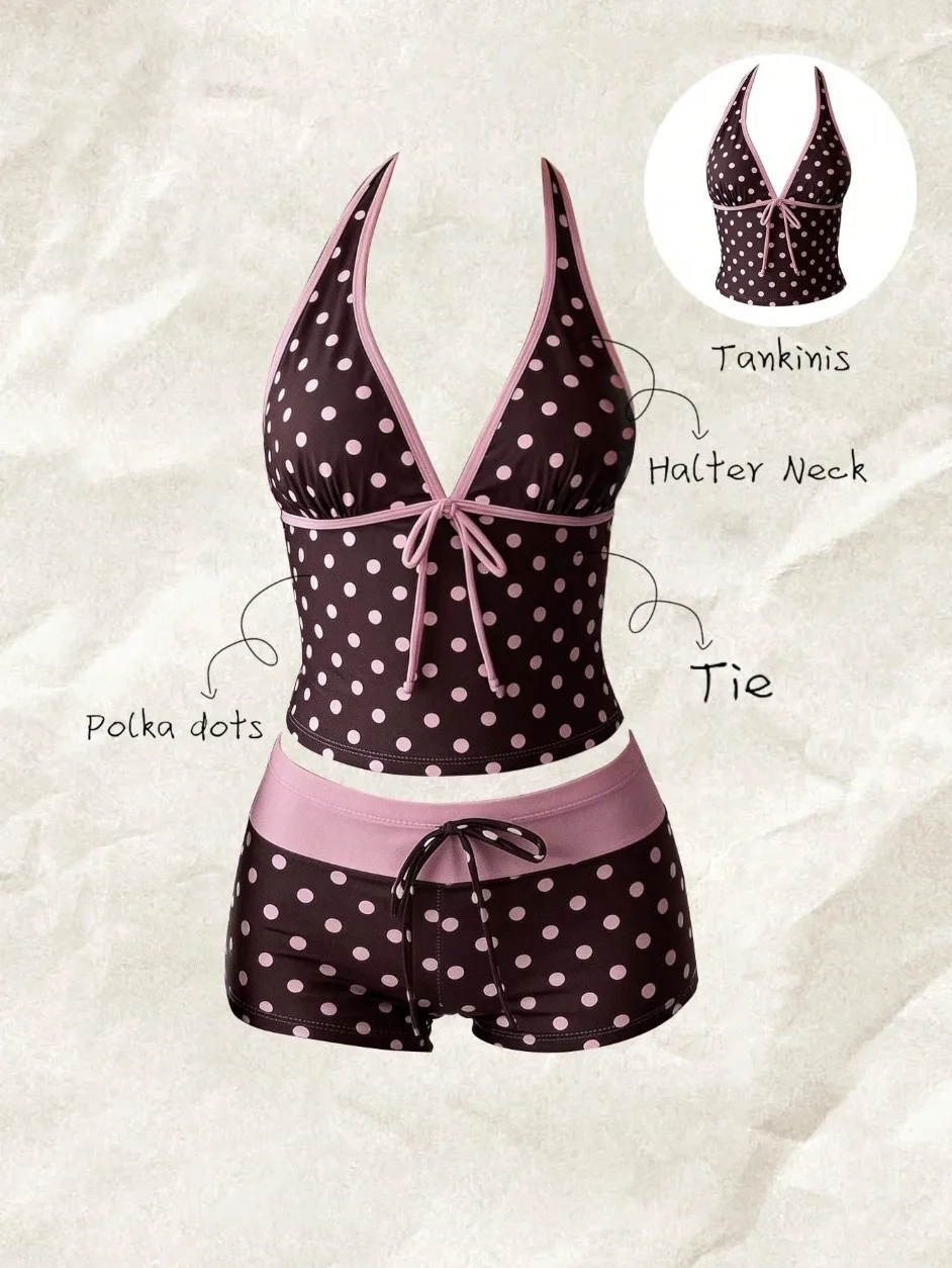 2026 Women Swimwears Polka Dot 2-Piece Tankini Set Halter V Neck Front Tie Cami Top & Contrast Waistband Drawstring Swim Shorts