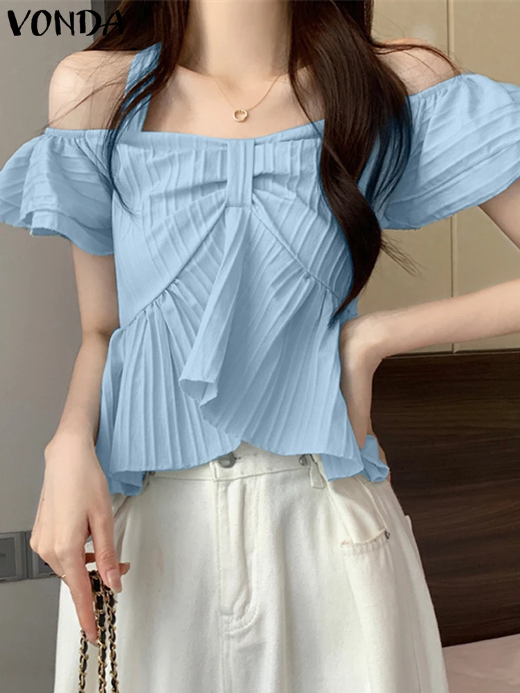 VONDA Summer Blouses 2024 Women ELegant Solid Color Blusas Off-The-Shoulder Holiday Top Short Sleeve Casual Tunics Oversized