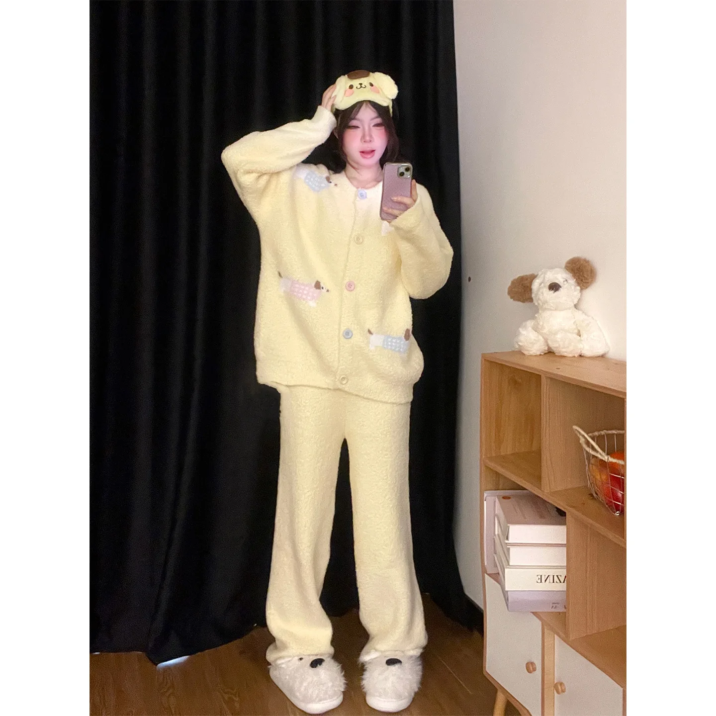 المرجان الصوف ملابس خاصة النساء شتاء دافئ أصفر سترة السراويل ملابس المنزل المرأة طالب الحلو المتسكعون منامة مجموعة