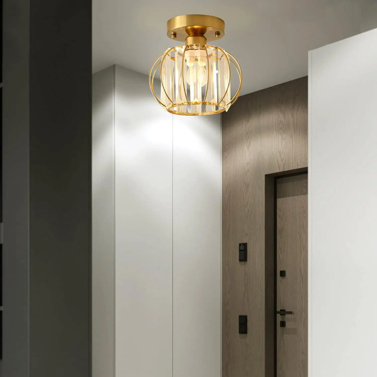 مصباح سقف كريستالي، مصباح سقف صغير E27، إضاءة سقف معدنية، إضاءة داخلية شبه راحة (ذهبي، لمبة غير متضمنة) #5