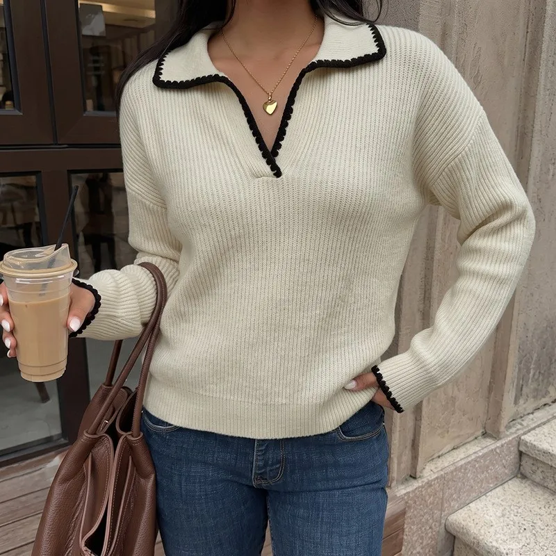 Elegant Contrasting Color Wrapped Lapel Knit Sweater Women Autumn Fashion Loose Long Sleeved Pullover Ladies Versatile Sweater