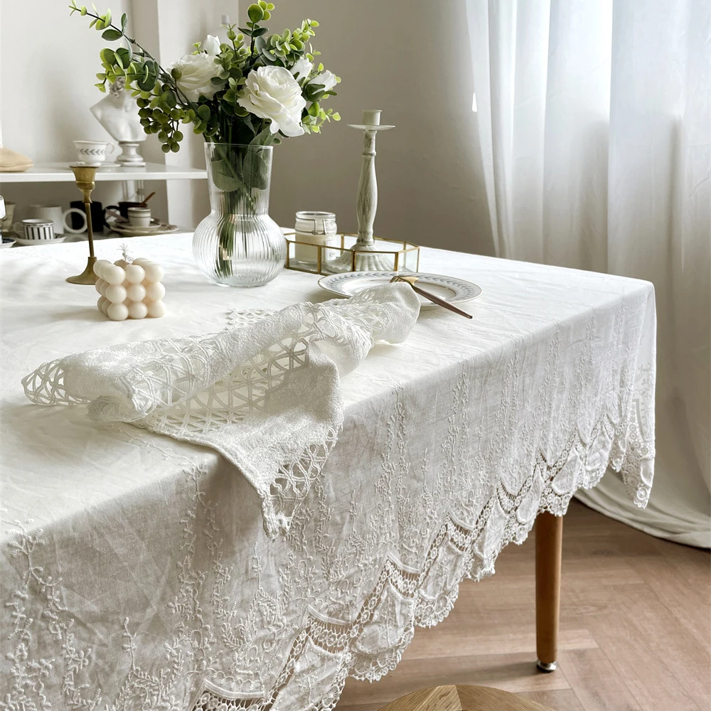 100% Cotton  Luxurious Table Cover French White Lace Flower Embroidery Tablecloth for Wedding Party Decoration Table Cloth