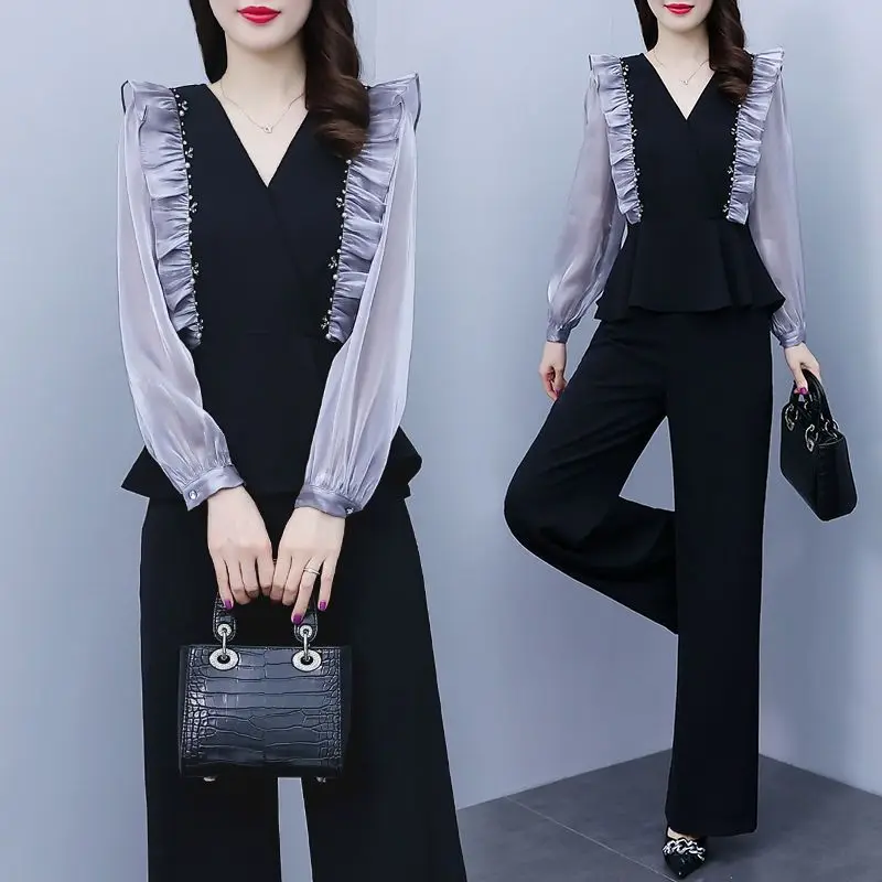 Élégant ensemble de pantalons surdimensionnés pour femmes, haut patchwork à volants et pantalon à jambes larges, tailleurs-pantalons féminins, nouvelle mode, printemps 2024, 2 pièces