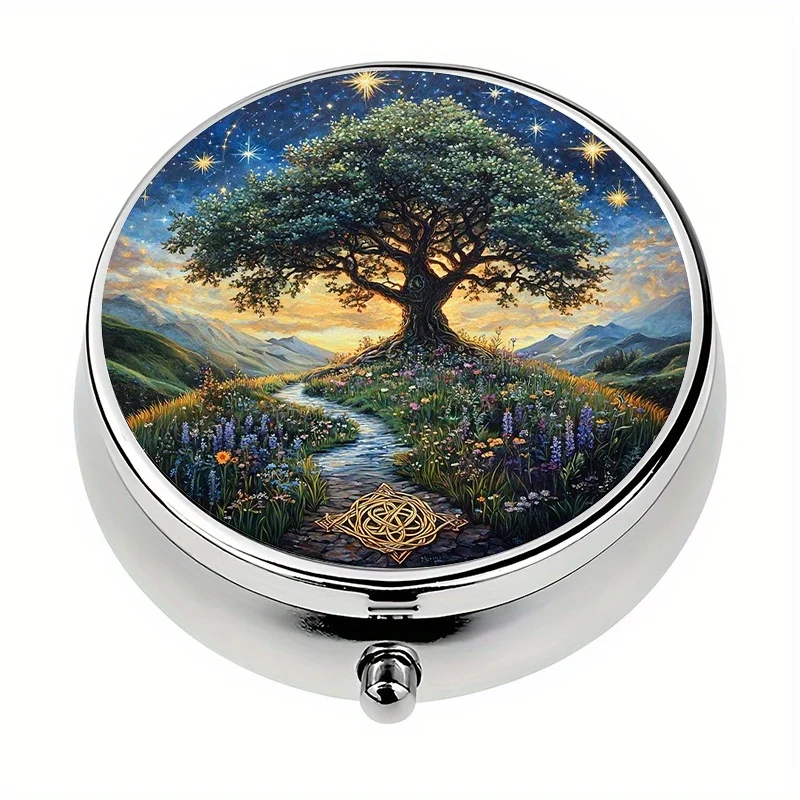 1-piece Celtic Tree of Life themed pill box with 3 compartments, mini pill container, pill organizer, unique travel gift