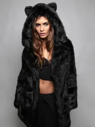 Frauen Winter Jacke Lange Dicke Warme Pelzmantel Niedlichen Tier Ohr Mit Kapuze Mantel Weibliche Schwarze Dame Elegante Faux Pelz Mäntel