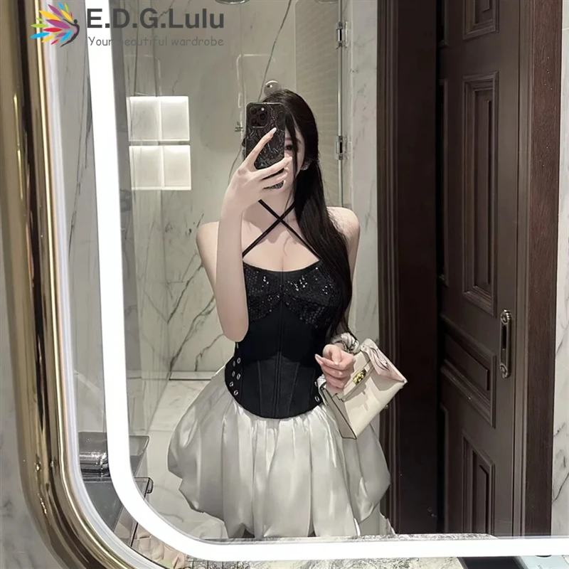EDGLuLu Halter Sequinblack Splicing White Party Dresses Luxury 2026 Drawstring Lace-Up Backless Sexy Club Outfit For Womens 0312