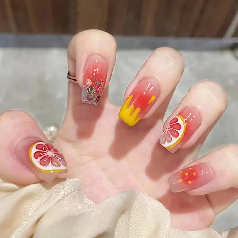 

24PCS Lemon Print Press-On Nails – Medium Square Shape With Fresh Citrus Design Crystal Accents False Nails With Wearing Tools