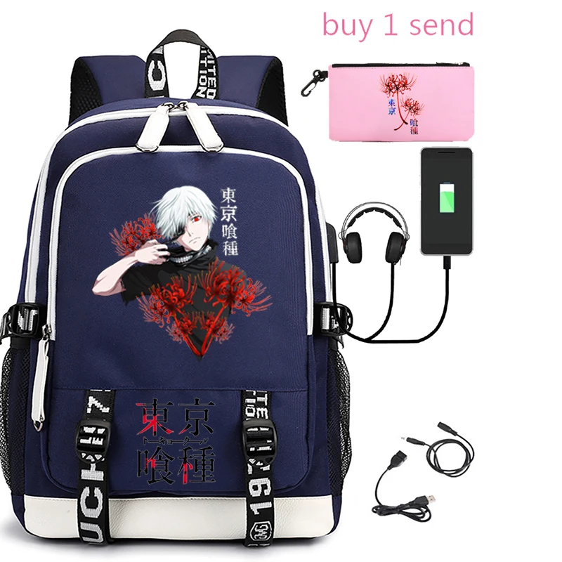 2022 Backpack with USB Charging School Bag for Boys Girls Tokyo Ghoul Print University School Bags