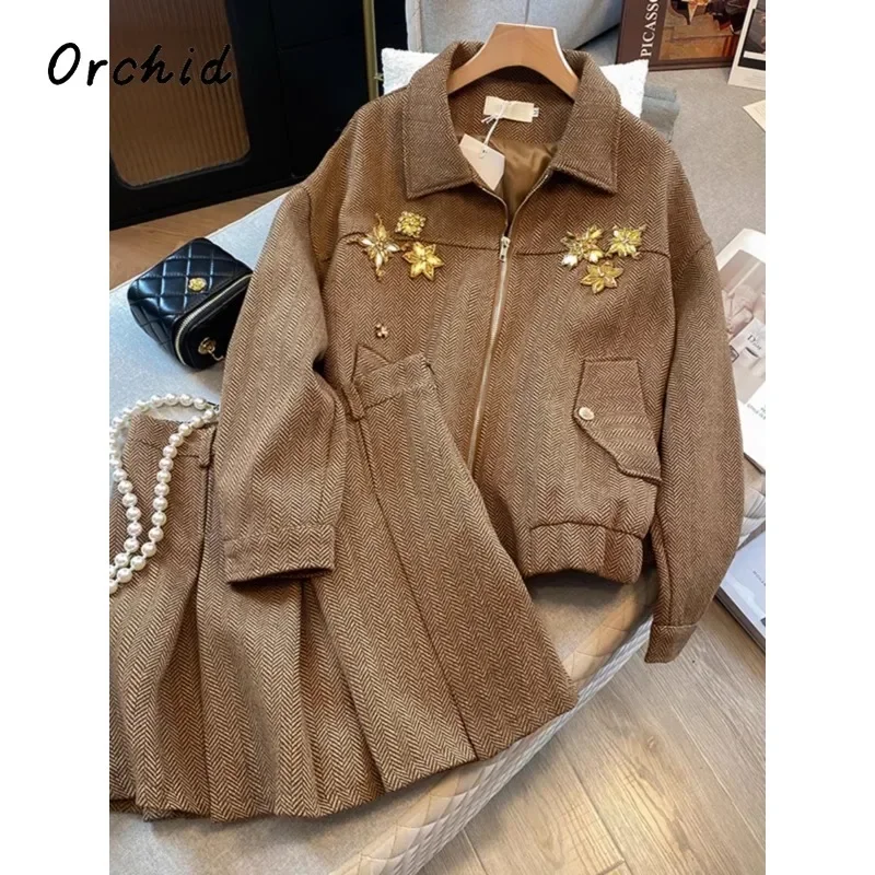 2024 Autumn Vintage Elegant Style 2 Piece Set Women Turn Down Collar Coat + Short Skirt Office Lady Solid Two Piece Skirt Set