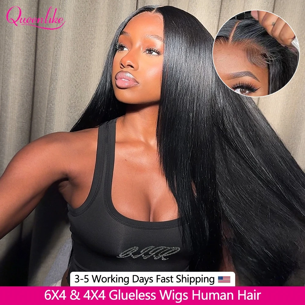 Queenlike 4x4 6x4 Glueless Straight Human Hair Wigs Ready To Wear Wig Human Hair 26 28 Inch Brazilian Glueless Wigs Fast Delivery