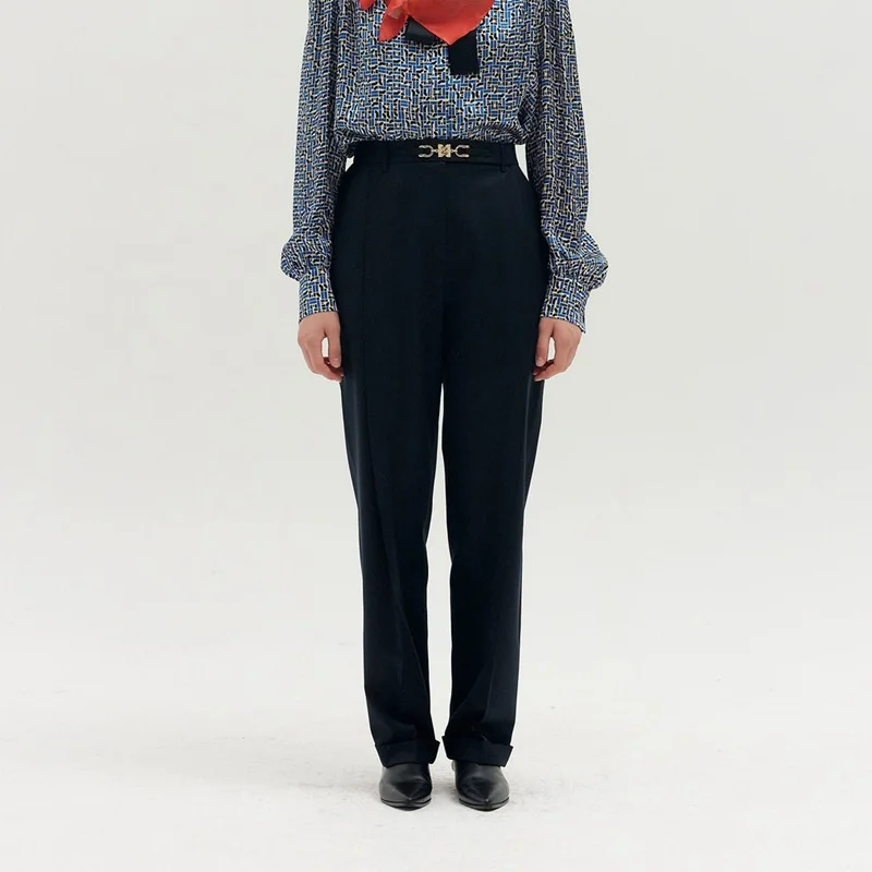 

Korean Sle High Waist Pleated Straight Leg Pants Commuter Versatile Gold Bule Elastic Waist Casual Trousers