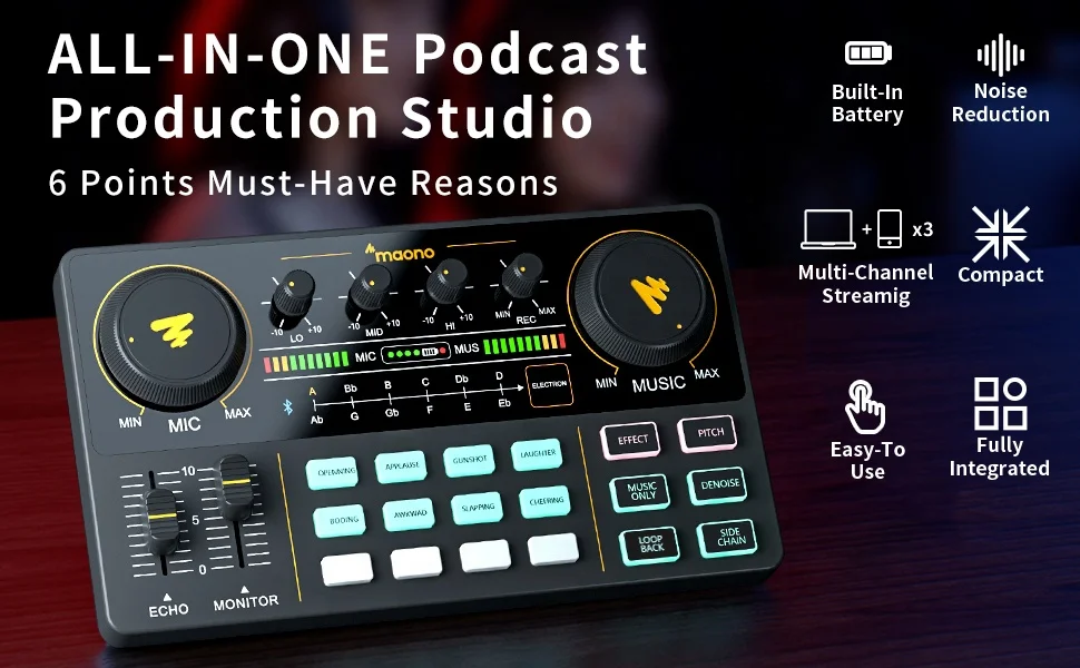 MAONOCASTER Podcast Audio Mixer Portable All-In-One Production Recording Studio Audio Interface Live Bundle External Sound Card