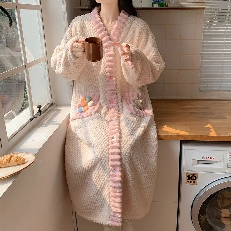 

Зимние женские пижамы из кораллового флиса, удобная одежда для сна на флисовой подкладке, утепленная длинная стильная пижамная рубашка, фланелевая ночная рубашка