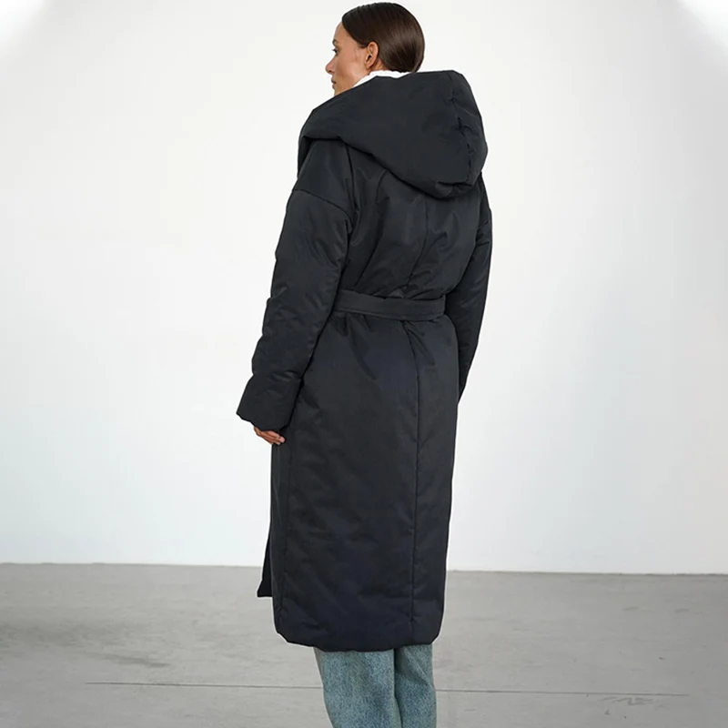 TARUXY Fashion Long Hooded Cotton Jacket Women's Casual Solid High Street Belt Pocket Warm Cotton Down Coat Winter Commuter Coat