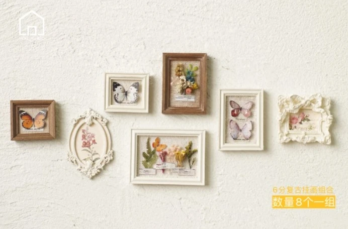 Fotos enmarcadas Vintage en miniatura, espécimen de mariposa, accesorios para casa de muñecas, marco de fotos de pared, cuadro colgante, decoración