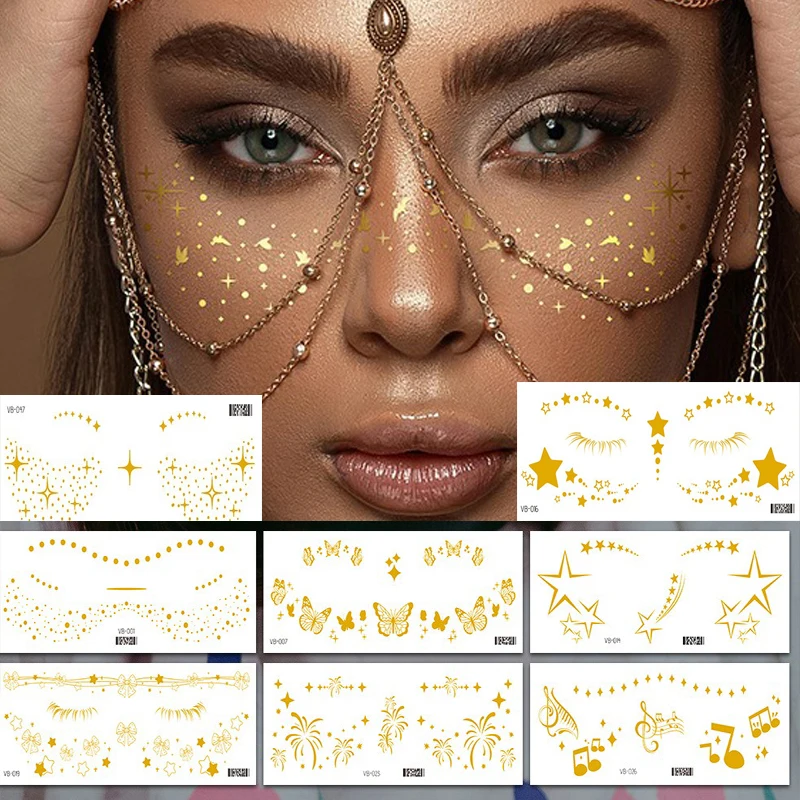 

Golden Face Temporary Tattoo Stickers, Metal Freckle Facial Tatto Stickers, Shining Makeup Facial Tatoo Ladies and Girls Party