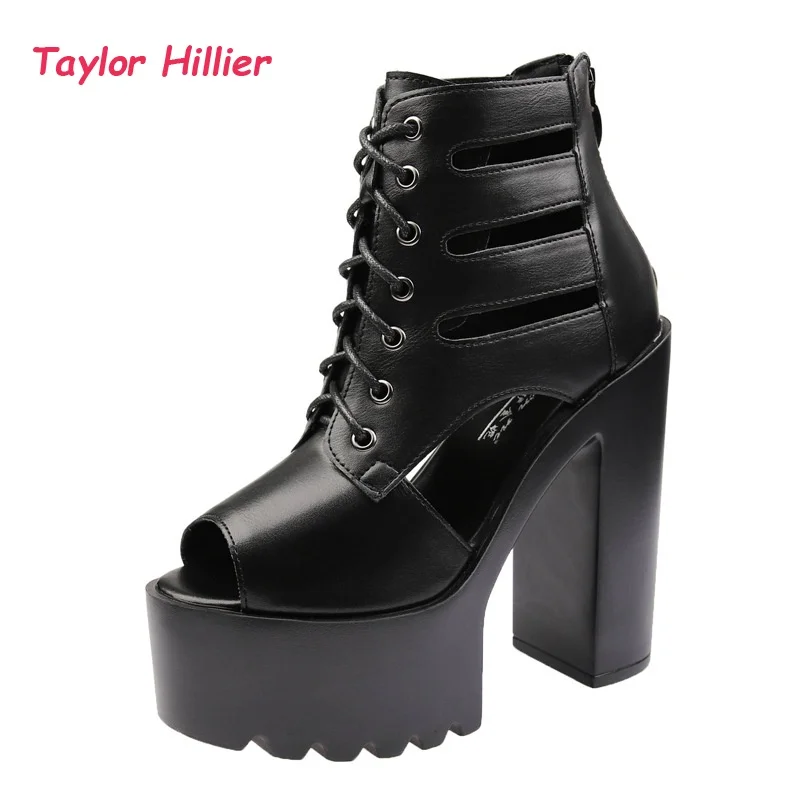 

Gothic Black Open Toe Platform Chunky Heel Ankle Boots Fashion Cutout Lace-Up High Heel Sandals Women's Punk Zipper Square Heel