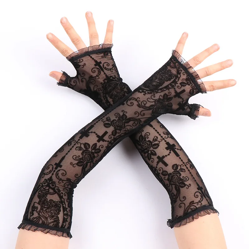 41cm Rose Cross Diablo Style Sexy Lace Mesh Transparent Long Fingerless Gloves Halloween Cosplay Stage Performance Walk the Show