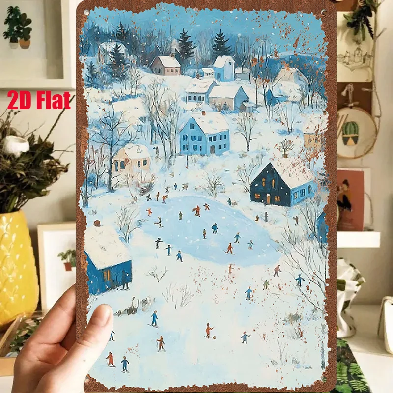 2D Flat - A 1pc 2D [Flat] Metal Sign Titled 'Winter Snowy Village' Measuring 8X12 Inches / 20X30 Cm Depicts a Scene of a Snow-Co