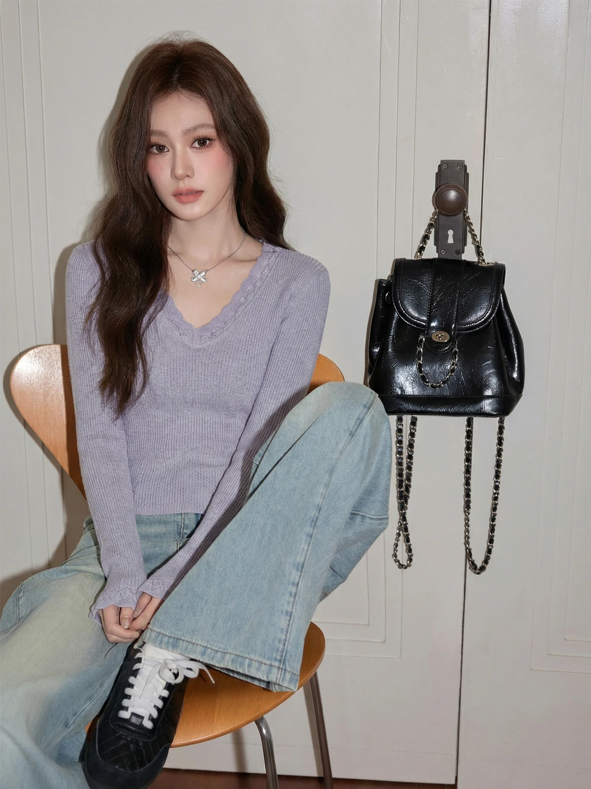 

Spring Women's Long Sve Knitted T-irt Purple V-ne Lace Trim Slim Fit Versatile Inner Wear Korean Sle Breathable Comf...