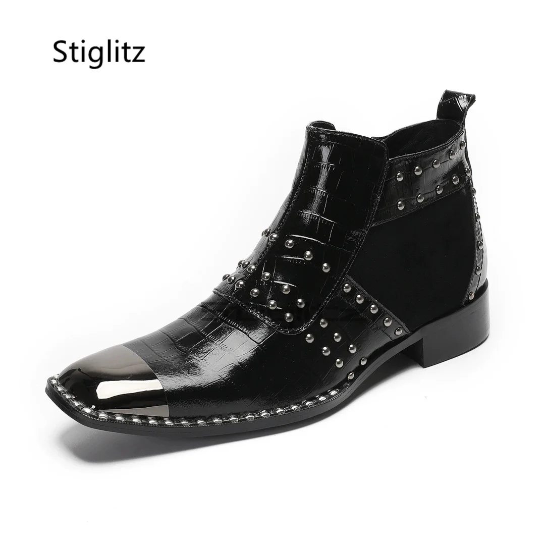 Men's Black Rivet Boots Genuine Leather Patchwork Ankle Boots Metal Square Toe Dress Zip Chelsea Boots Spring Autumn Male Shoes - view 4