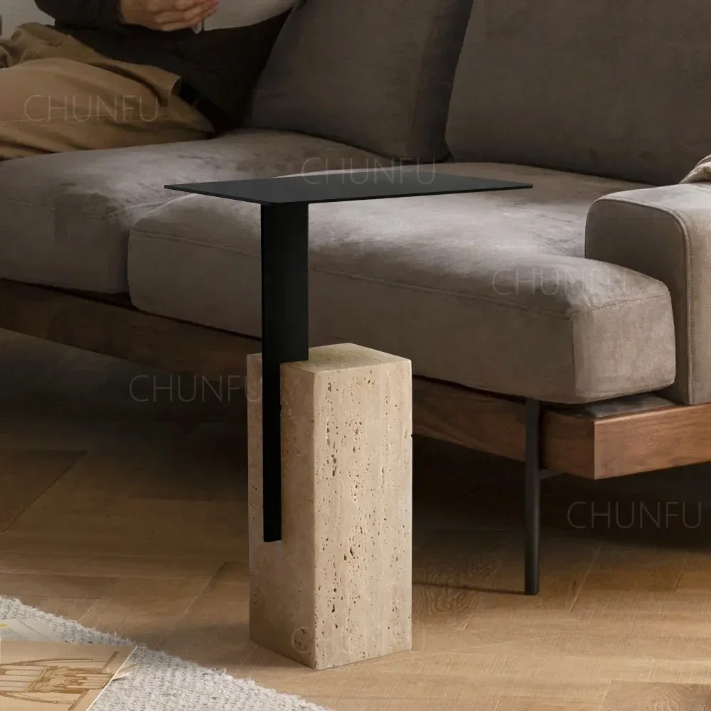 Design Modern Natural Travertine And Metal Elegant Coffee Side Table For Living Room