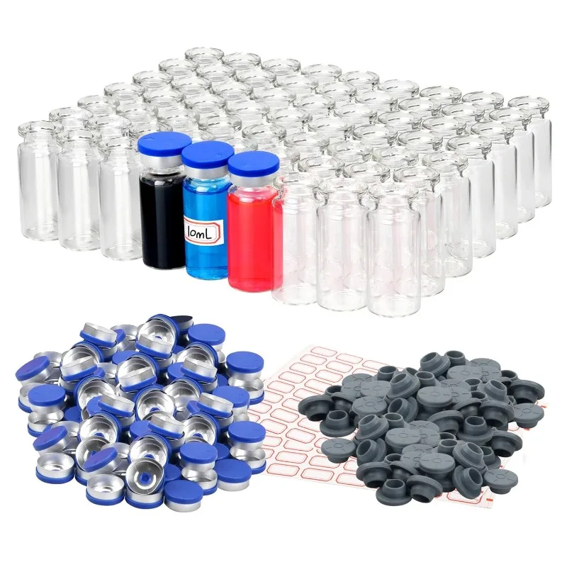100 opakowanie szklane fiolki z przezroczystego szkła z klapkami plastikowo-aluminiowymi, gumowymi korkami i papierami etykietowymi (10ml)