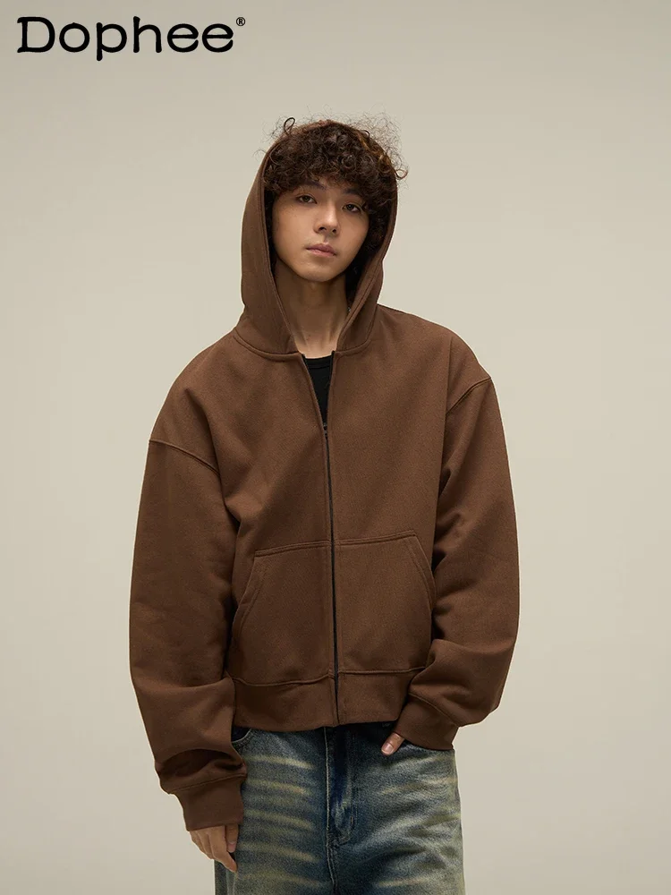 High-end Zipper Solid Color Long Sleeve Coat Men's Hoodies Handsome High Street Trendy Hooded Sweatshirt Men's Pocket Sweatshirt