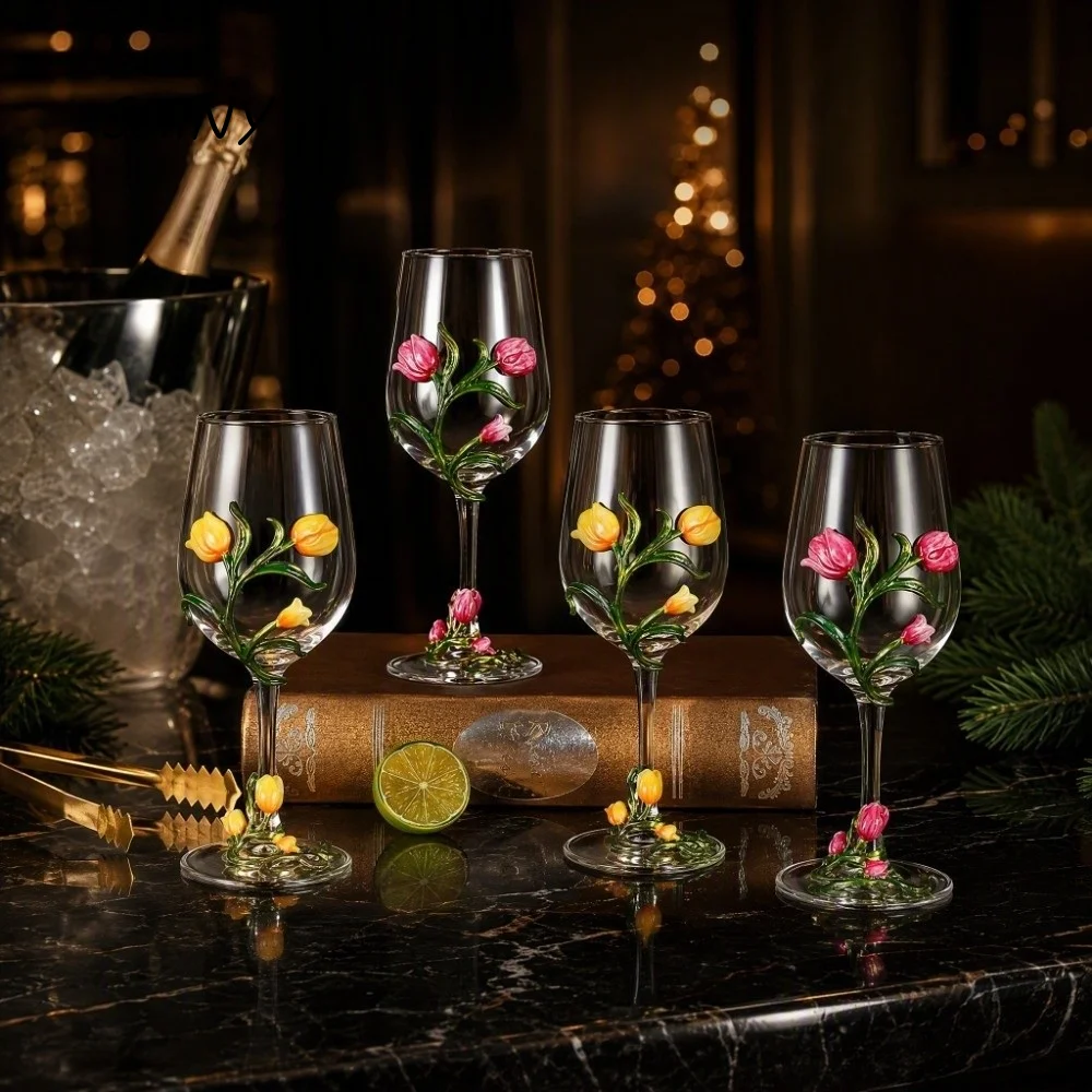 Tulip Floral Tulip Flower Wine Glass Transparent Elegant Glass Goblet 3D Creative 350ML Clear Stemmed Cup New Year