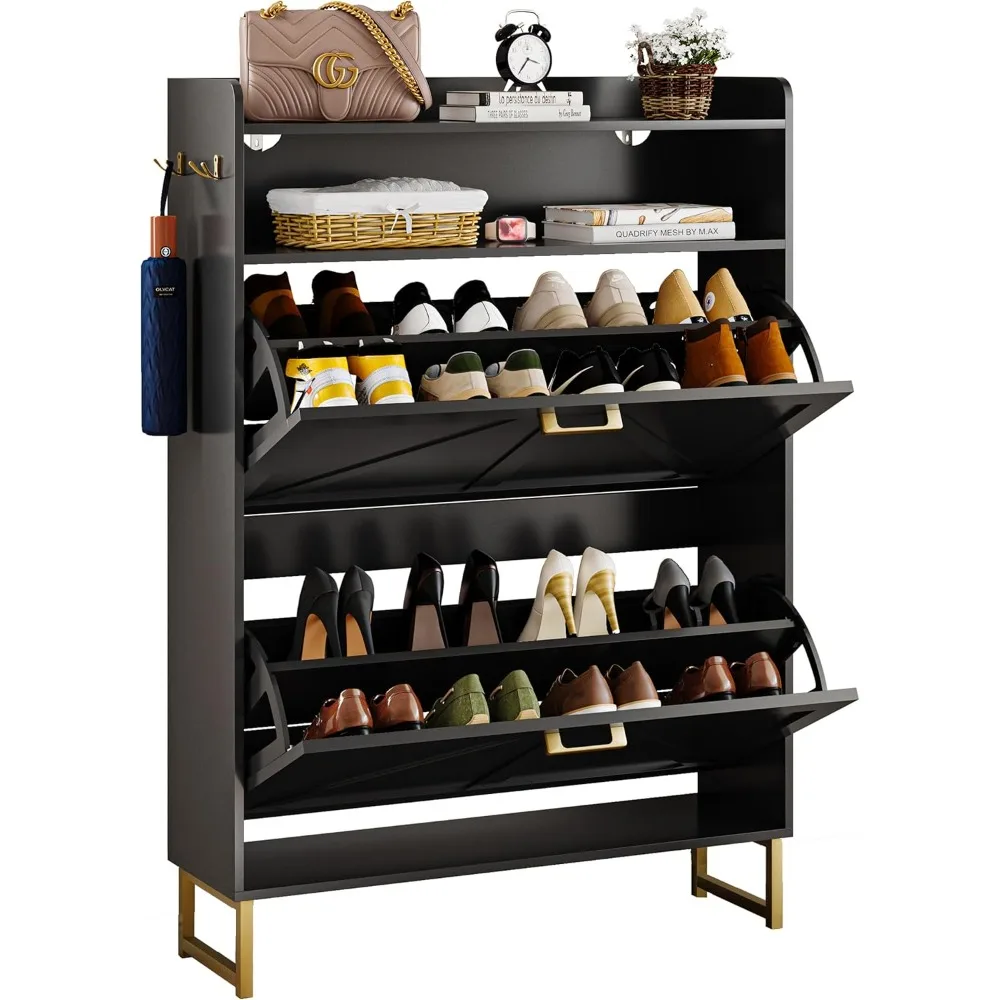 

Slim Black Shoe Cabinet with 2 Flip Drawers, Freestanding Wooden Shoe Storage Cabinet with Metal Legs and Hooks, Modern Narrow S