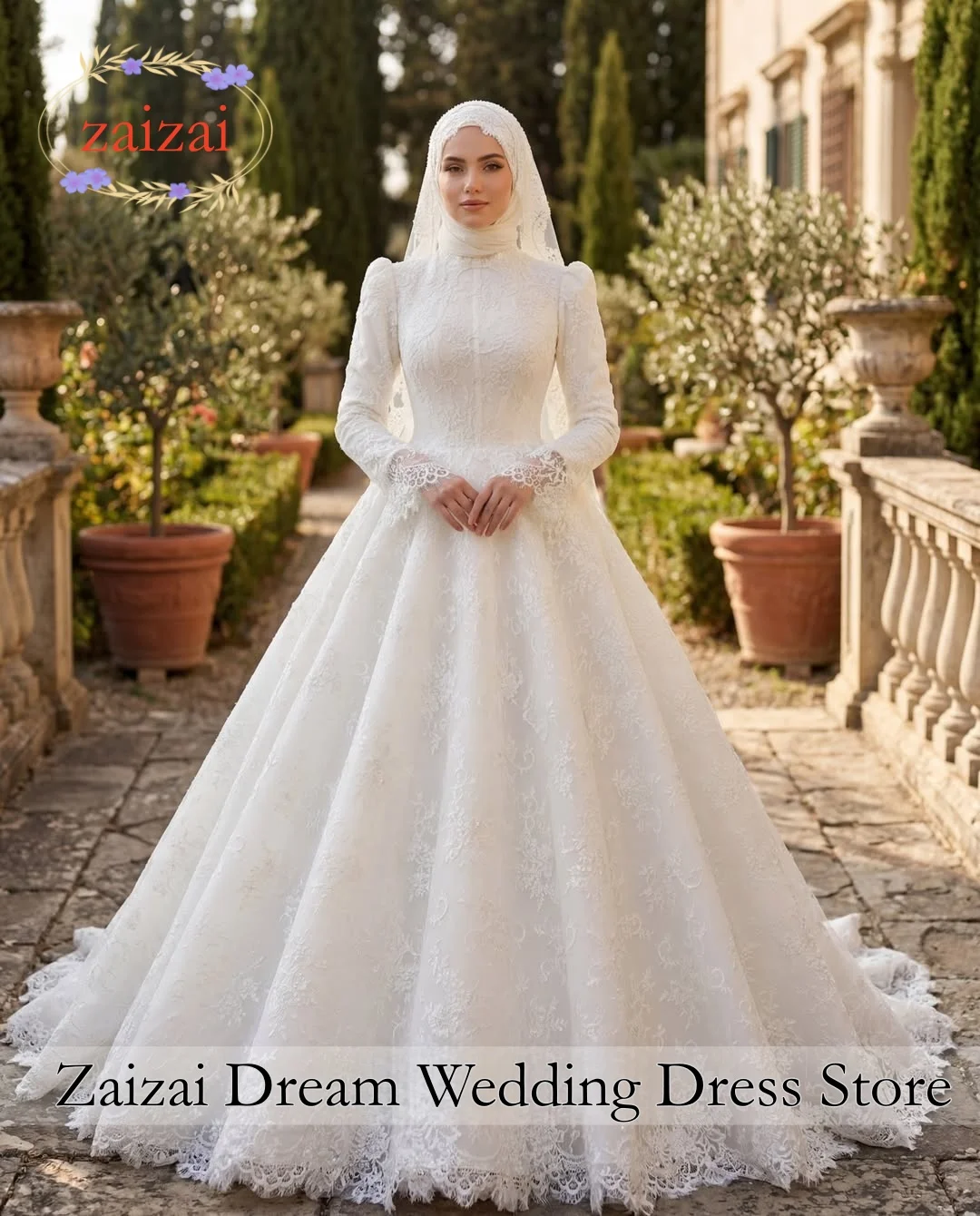 

Customized Exquisite Lace Muslim High Neck Wedding Dresses Flared Long Sleeve Lace Appliques A-line Bridal Gowns vestido de Novi