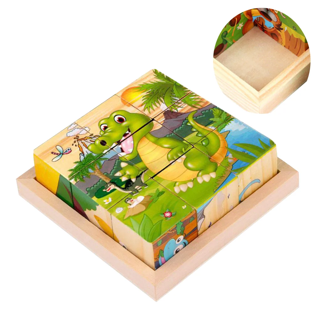 1 Set Six-sided Drawing Puzzle Jigsaw 3D Wooden Building Block Puzzle Toy Cartoon Patterns Puzzle Game Early Educational Toy for