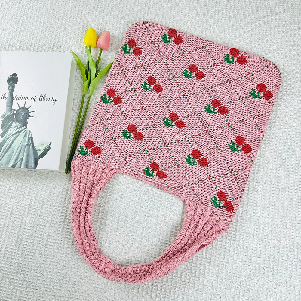 

Женская вязаная сумка-тоут с принтом вишни, контрастная цветовая сумка через плечо для путешествий и шопинга, повседневная женская сумка