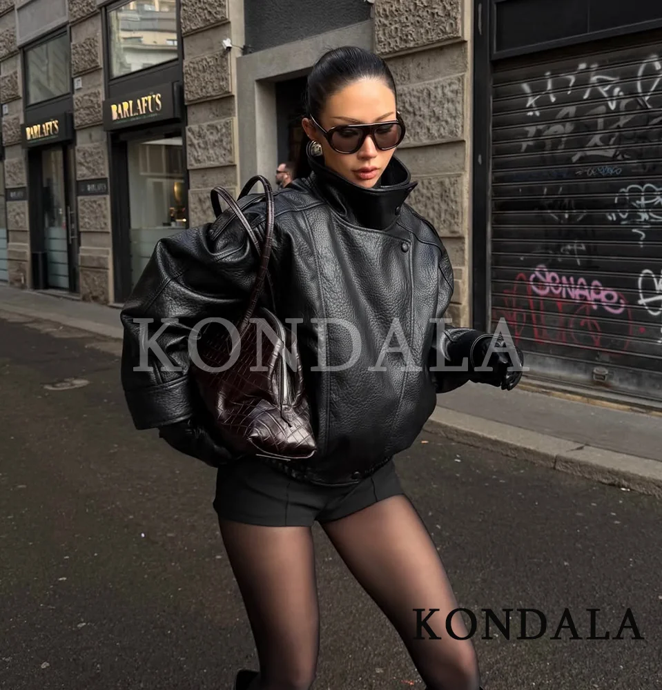 KONDALA Trendy High Street Leather Jacket Women Fall Winter Stand-up Collar Faux Leather Zipper Jacket 2026 Fashion Lady Jacket