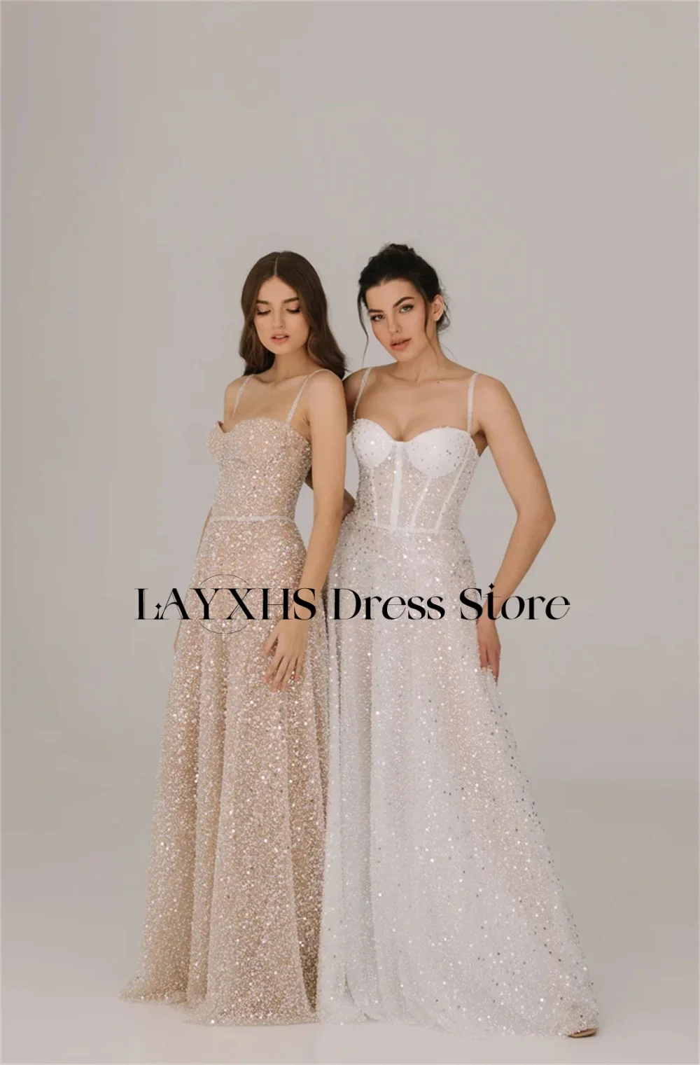 LAYXHS Moda Spalline Abiti da sera Paillettes Pizzo A-Line Piega Abiti da ballo Abiti personalizzati de soirée
