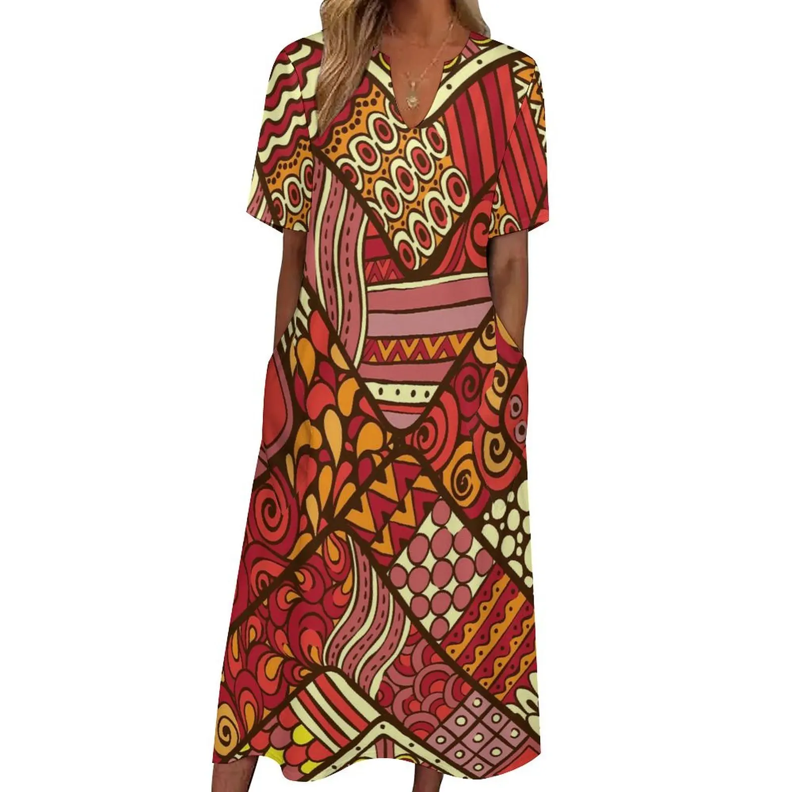 

Abstract Tribal Dress Red Patchwrok Print Cute Maxi Dress Street Style Boho Beach Long Dresses Ladies V Neck Oversized Vestido