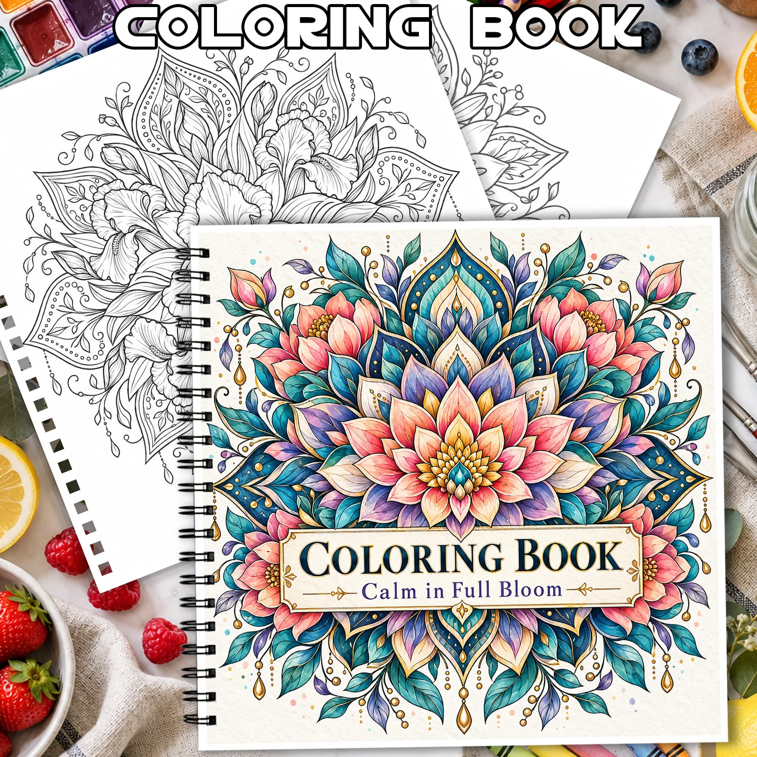 Spiral Binding Coloring Book, Floral Mandala Design for Adults & Teens, Showcasing Creativity, Relieving Stress, Relaxing Mind