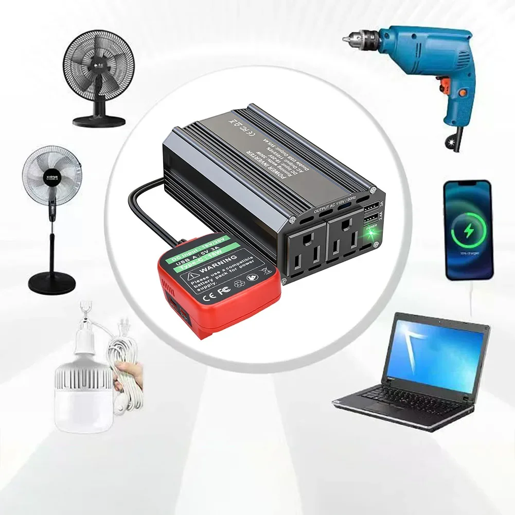 Inversor compacto de 300 W 18 V a 110 V com USB duplo e tomadas CA para bateria de 20 V para ferramentas elétricas e eletrônicos