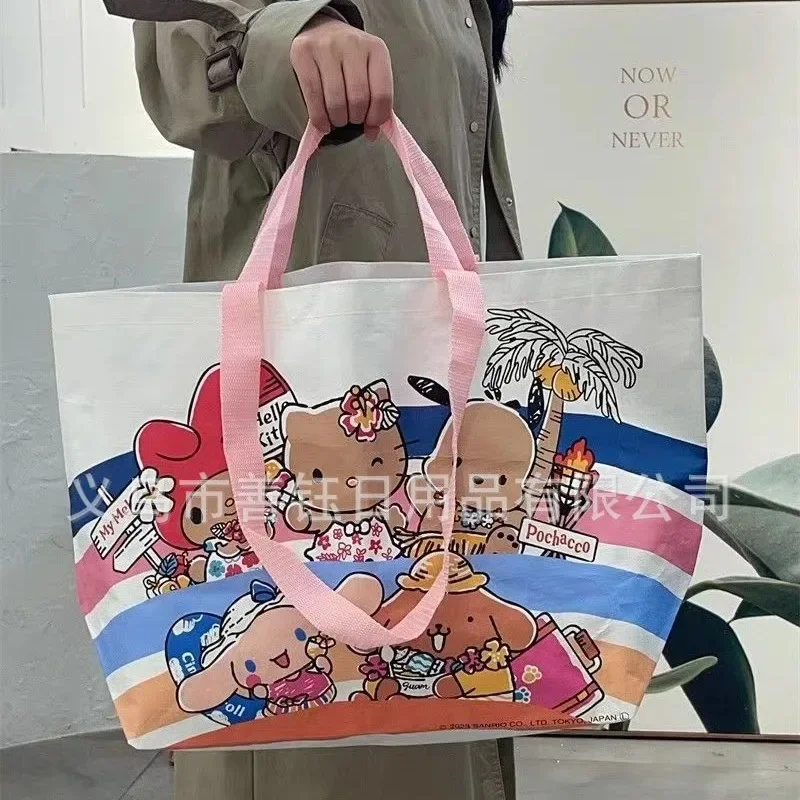 Sanrio-Bolso de lona de Hello Kitty para mujer, bolsa de lona ecológica de gran capacidad, bolsos de un solo hombro, bolsas de tela para compras,