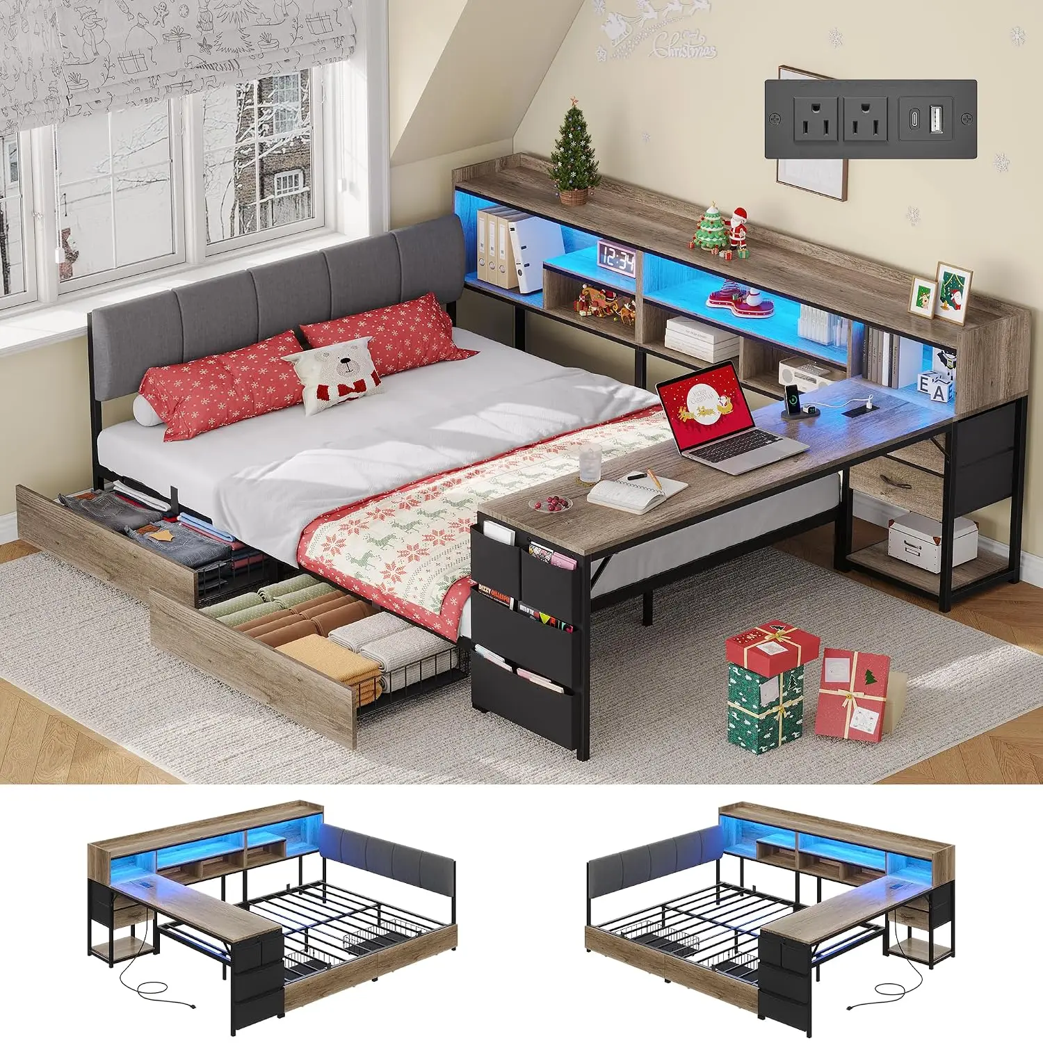Space-Saving Corner Full Bed Frame with Storage & Desk, Oak Gray, Customized