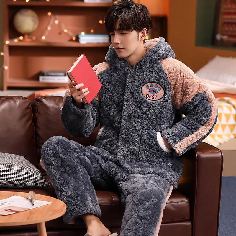 Pyjama d\'hiver en velours pour hommes, vêtements de nuit optiques en peluche, ensemble de vêtements de détente à trois couches, jupe isolante en