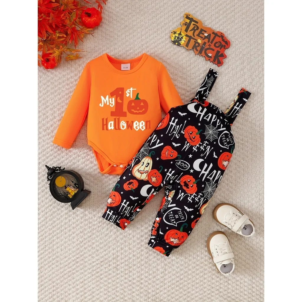 

Комплекты костюмов на Хэллоуин для маленьких мальчиков из 2 предметов, комбинезон с длинными рукавами и рисунком тыквы + штаны с ремешками для граффити, праздничная одежда для детей 0-2 лет