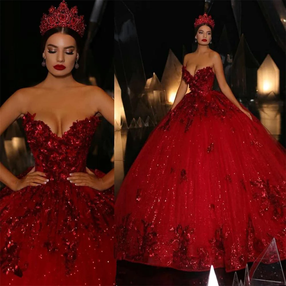 

2023 Red Sequined Quinceanera Dresses with 3D Floral Appliques Ball Gown Sweetheart Prom Dress Custom Made Sweet 16 Gowns